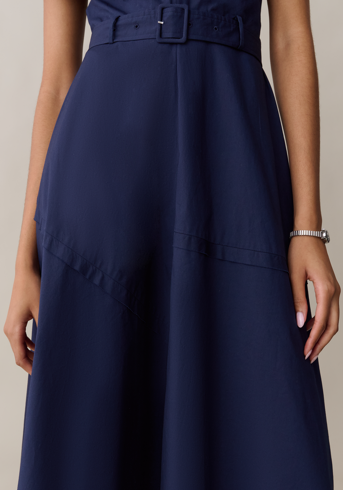 Womens Elegant Midi Dress with Belt & Pockets, A-Line