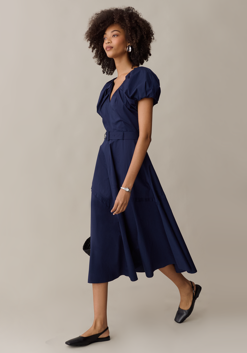 Womens Elegant Midi Dress with Belt & Pockets, A-Line
