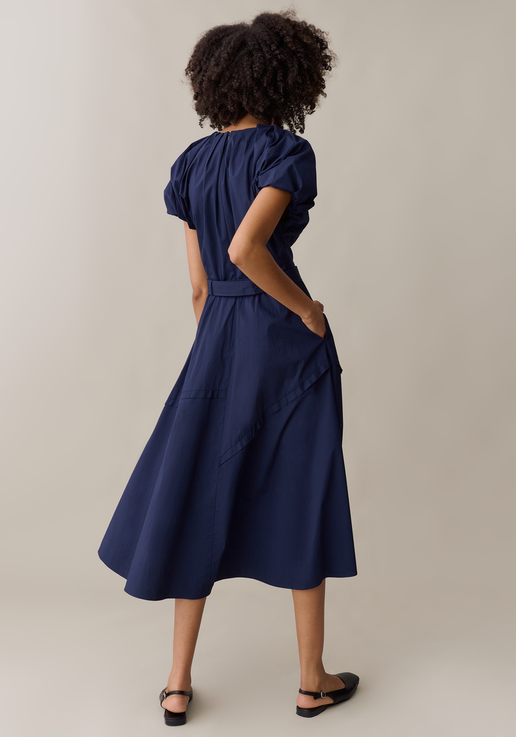 Womens Elegant Midi Dress with Belt & Pockets, A-Line