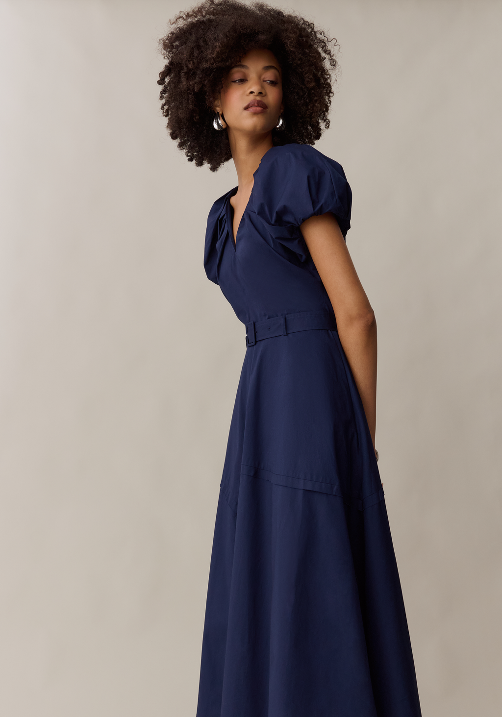 Womens Elegant Midi Dress with Belt & Pockets, A-Line
