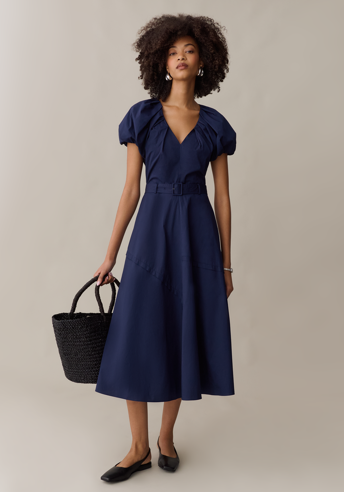 Womens Elegant Midi Dress with Belt & Pockets, A-Line