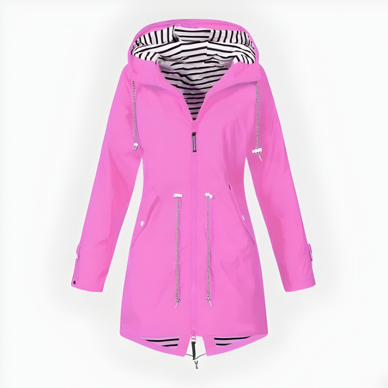 Womens Waterproof Long Rain Jacket with Adjustable Hood and Breathable Fabric