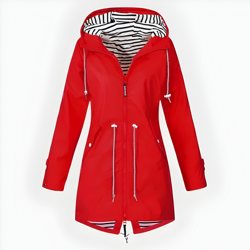 Womens Waterproof Long Rain Jacket with Adjustable Hood and Breathable Fabric
