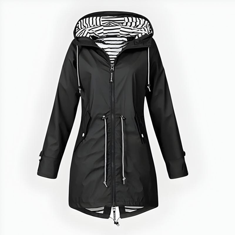 Womens Waterproof Long Rain Jacket with Adjustable Hood and Breathable Fabric