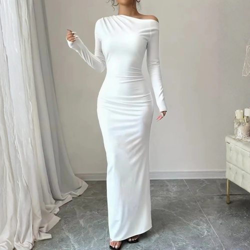 Floral Maxi Dress with One Shoulder Asymmetrical Neckline and Long Sleeves, Bodycon Fit