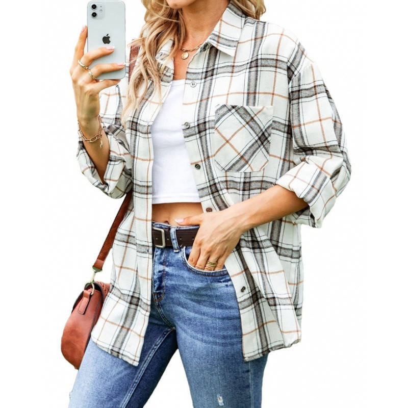 Womens Flannel Plaid Shirt, Soft Button Down Shirt, Roll Up Long Sleeve Flannel Plaid Blouse for Women
