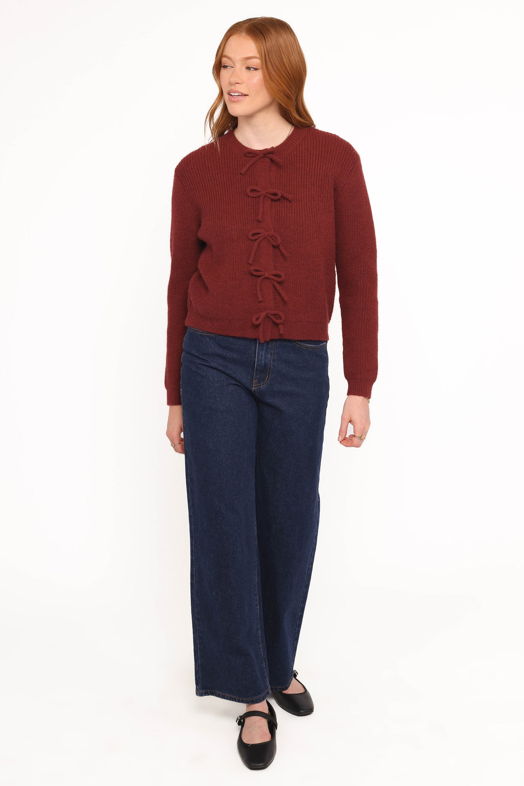 Womens Burgundy Bow Front Cardigan, Ribbed Long Sleeve