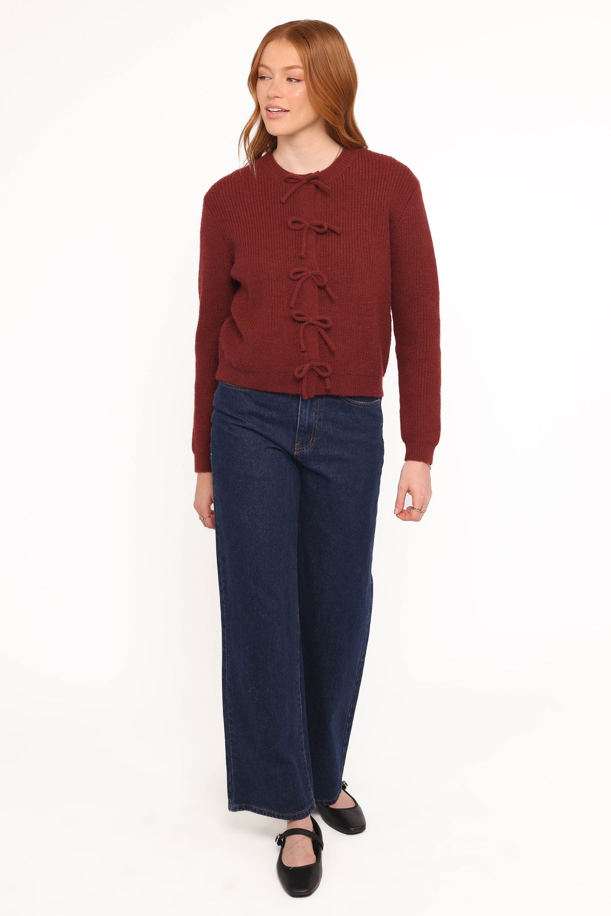 Womens Burgundy Bow Front Cardigan, Ribbed Long Sleeve