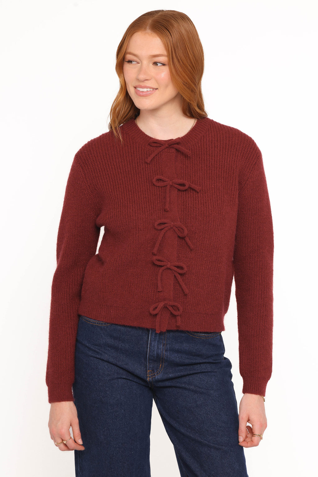 Womens Burgundy Bow Front Cardigan, Ribbed Long Sleeve