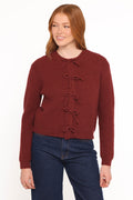 Womens Burgundy Bow Front Cardigan, Ribbed Long Sleeve