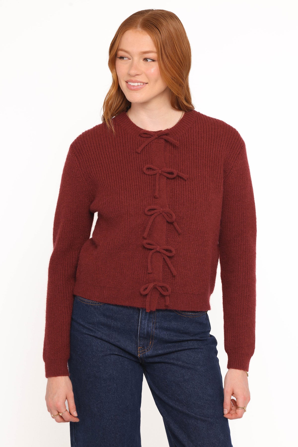 Womens Burgundy Bow Front Cardigan, Ribbed Long Sleeve