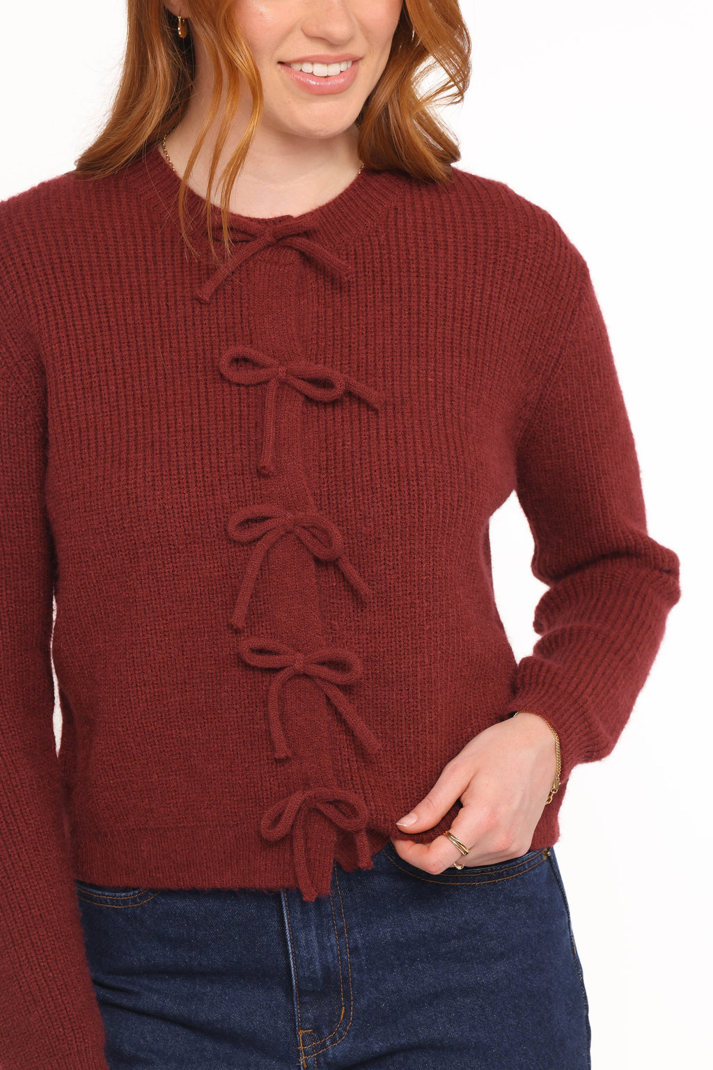 Womens Burgundy Bow Front Cardigan, Ribbed Long Sleeve