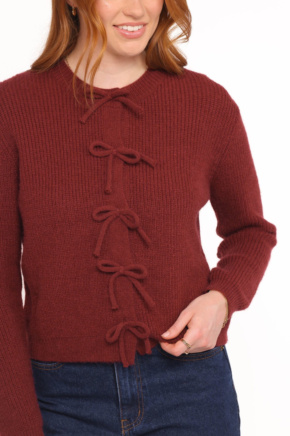 Womens Burgundy Bow Front Cardigan, Ribbed Long Sleeve