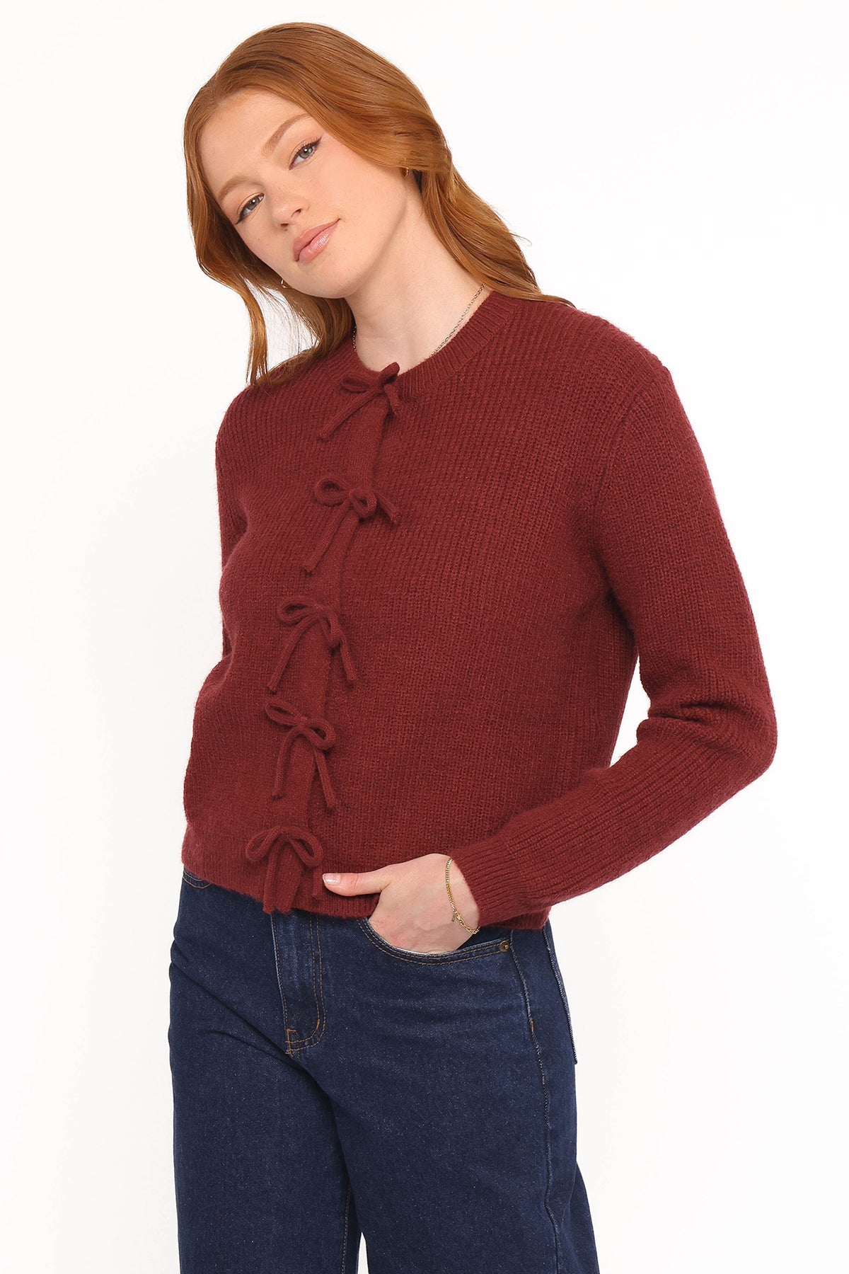 Womens Burgundy Bow Front Cardigan, Ribbed Long Sleeve