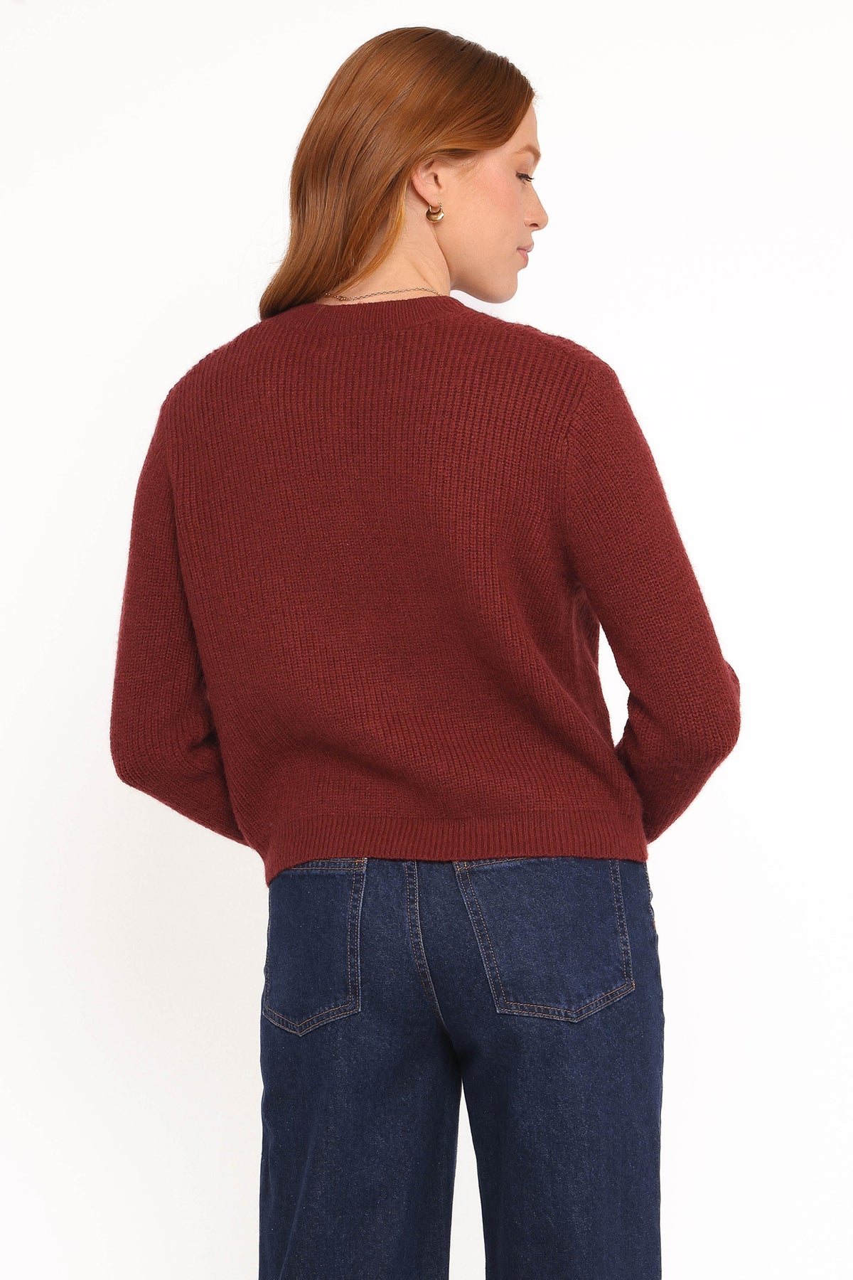 Womens Burgundy Bow Front Cardigan, Ribbed Long Sleeve