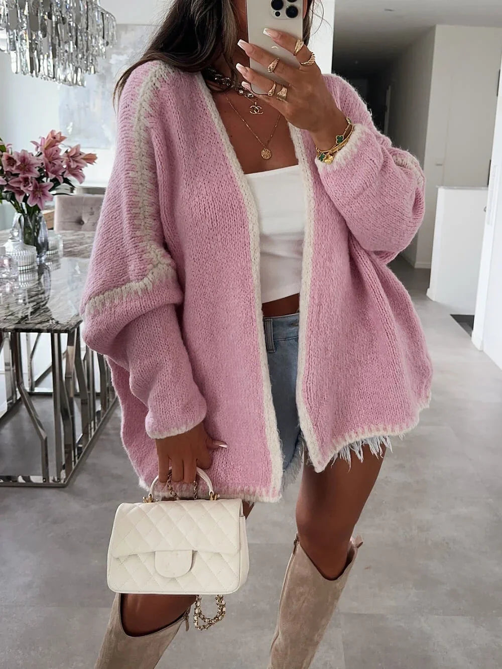 Oversized Open Front Knit Cardigan for Women with Textured Fabric and Relaxed Drape