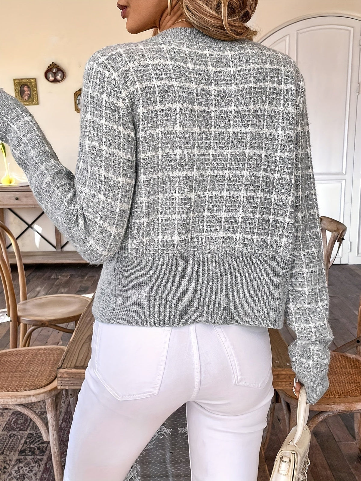 Cropped Houndstooth Cardigan with Ribbed Trim and Button-Front Closure