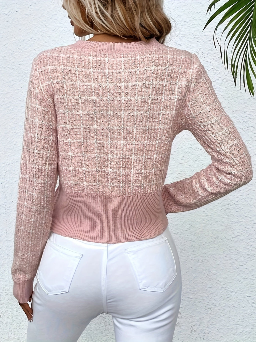 Cropped Houndstooth Cardigan with Ribbed Trim and Button-Front Closure