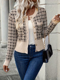 Cropped Houndstooth Cardigan with Ribbed Trim and Button-Front Closure