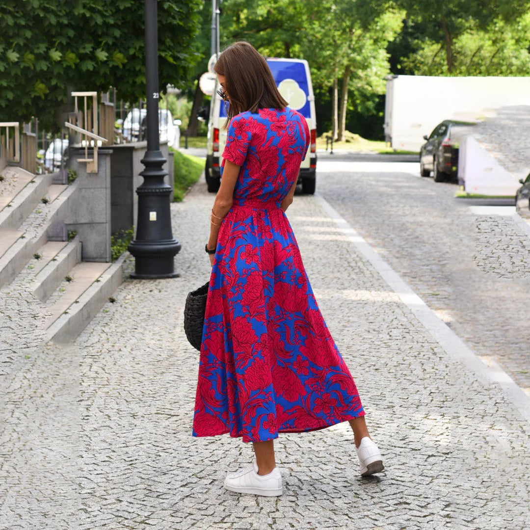 Womens Floral Wrap Maxi Dress with V-Neckline and Tie Waist