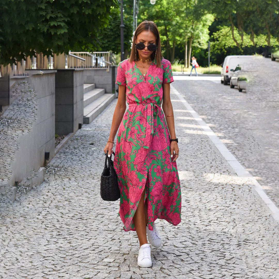 Womens Floral Wrap Maxi Dress with V-Neckline and Tie Waist