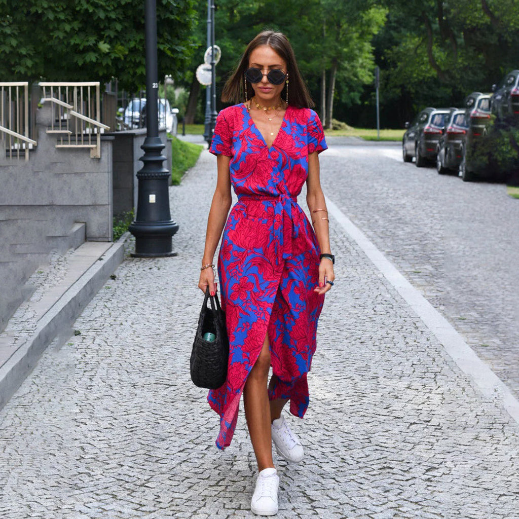 Womens Floral Wrap Maxi Dress with V-Neckline and Tie Waist