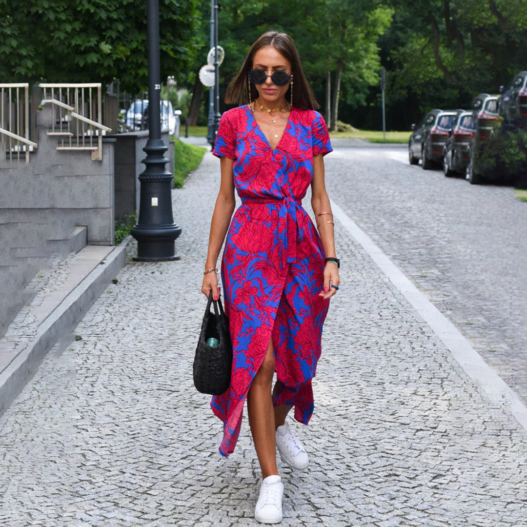 Womens Floral Wrap Maxi Dress with V-Neckline and Tie Waist