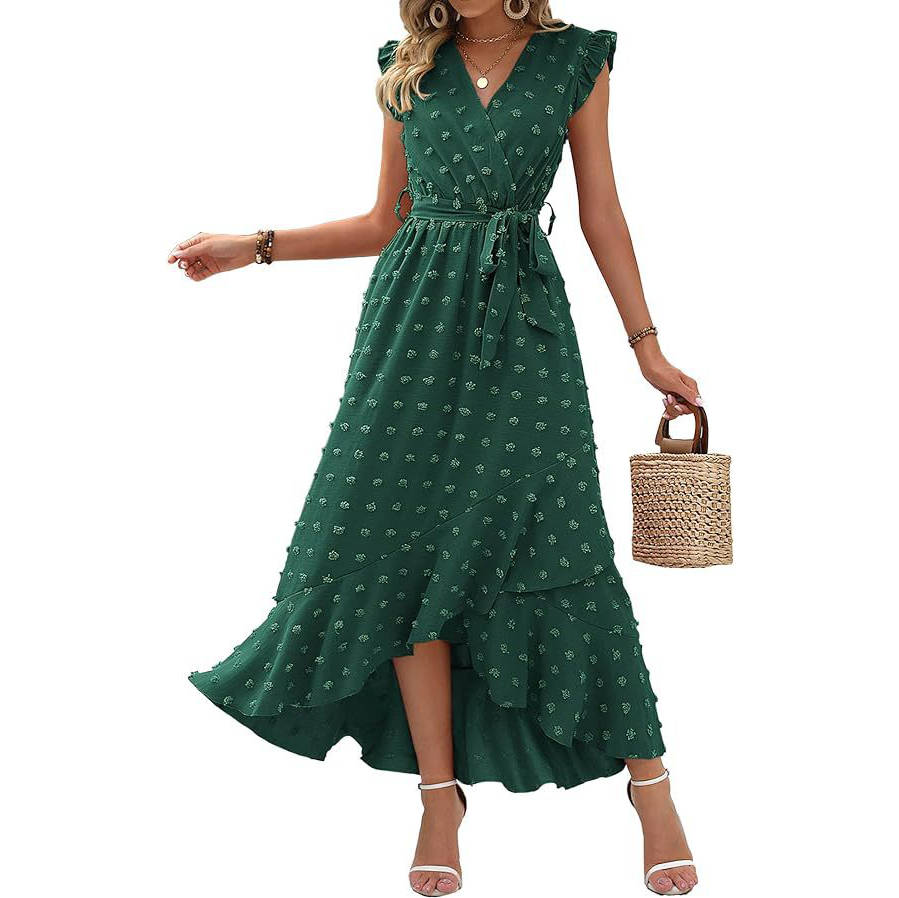 Womens Boho Maxi Dress, Swiss Dot Cap Sleeve Beach Wedding and Cocktail Dress