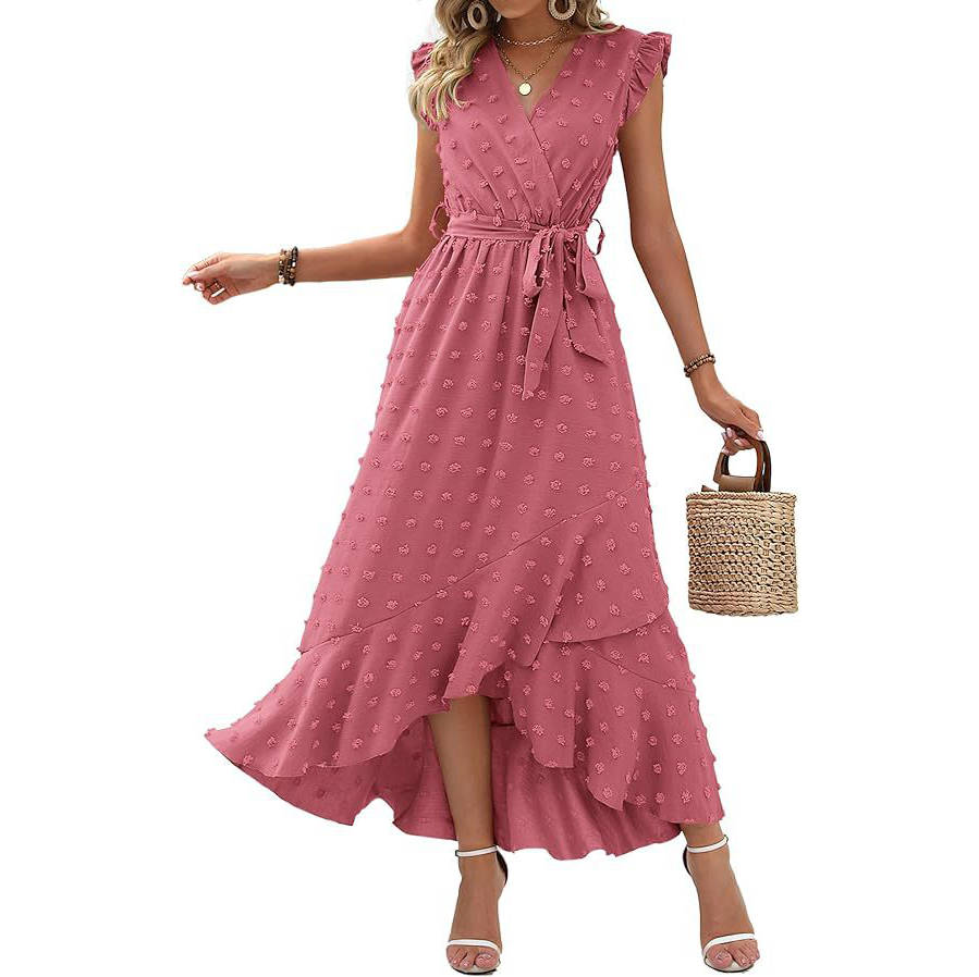 Womens Boho Maxi Dress, Swiss Dot Cap Sleeve Beach Wedding and Cocktail Dress