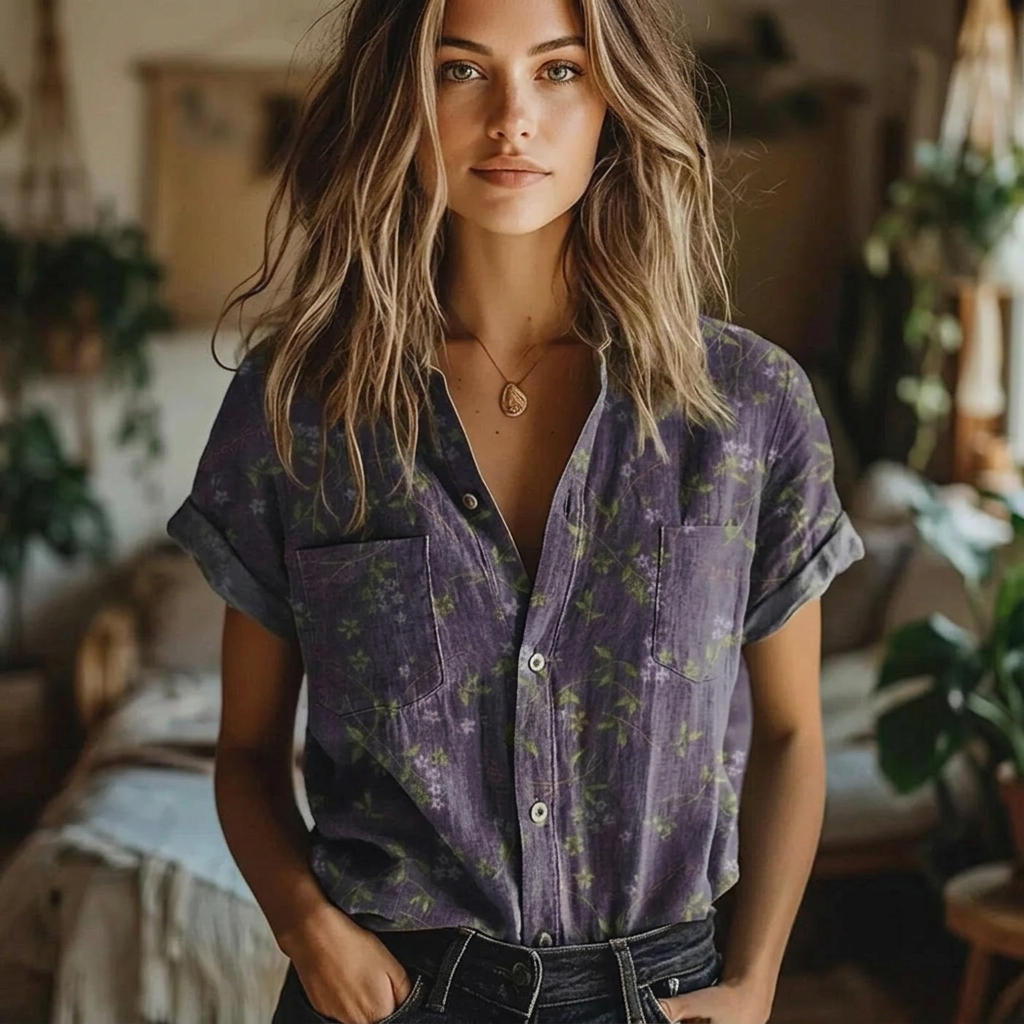 Floral Lapel Blouse with Short Sleeves and Breathable Fabric
