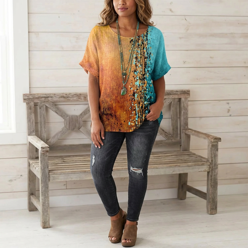 Womens Graphic Print Blouse with Half Sleeves and Relaxed Fit