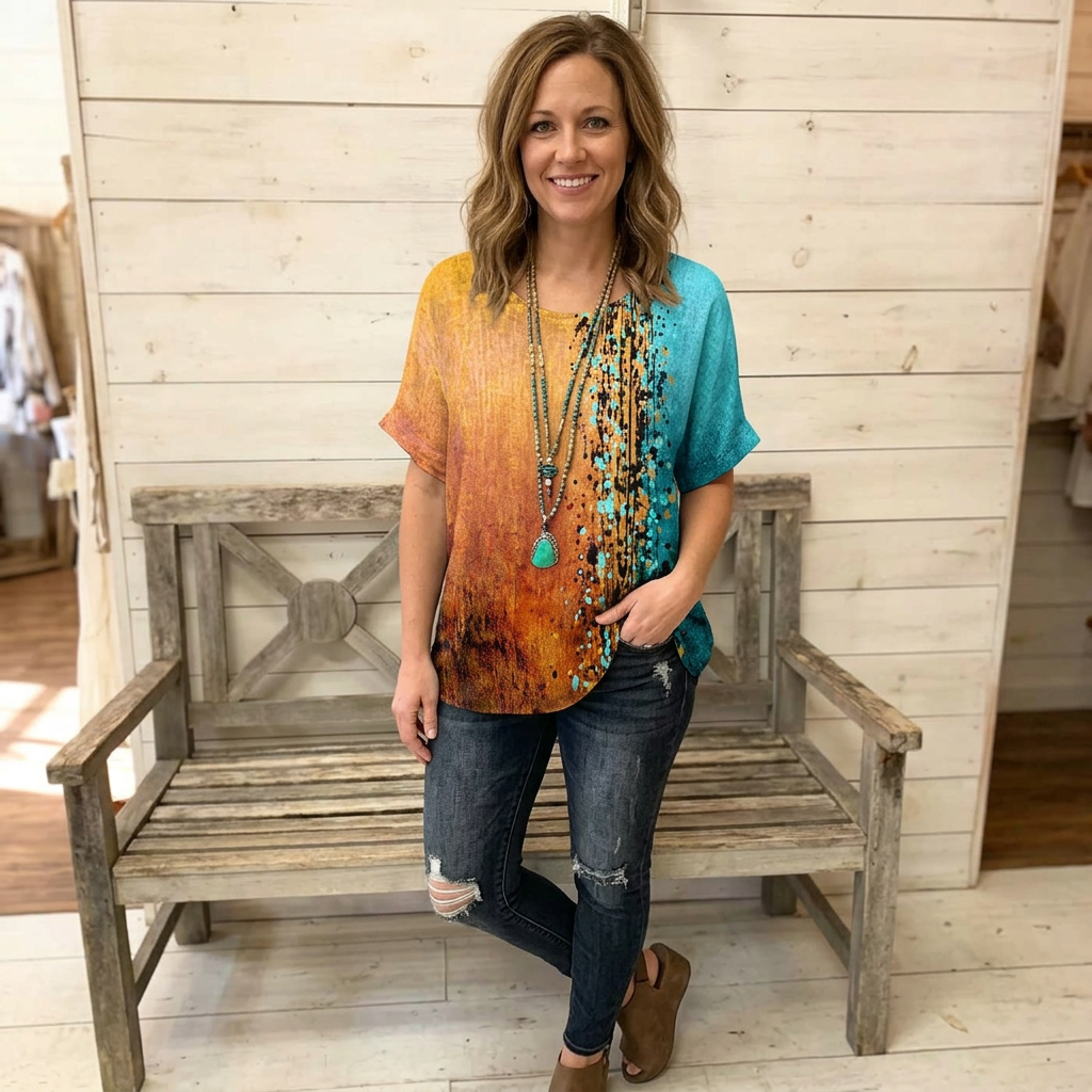 Womens Graphic Print Blouse with Half Sleeves and Relaxed Fit