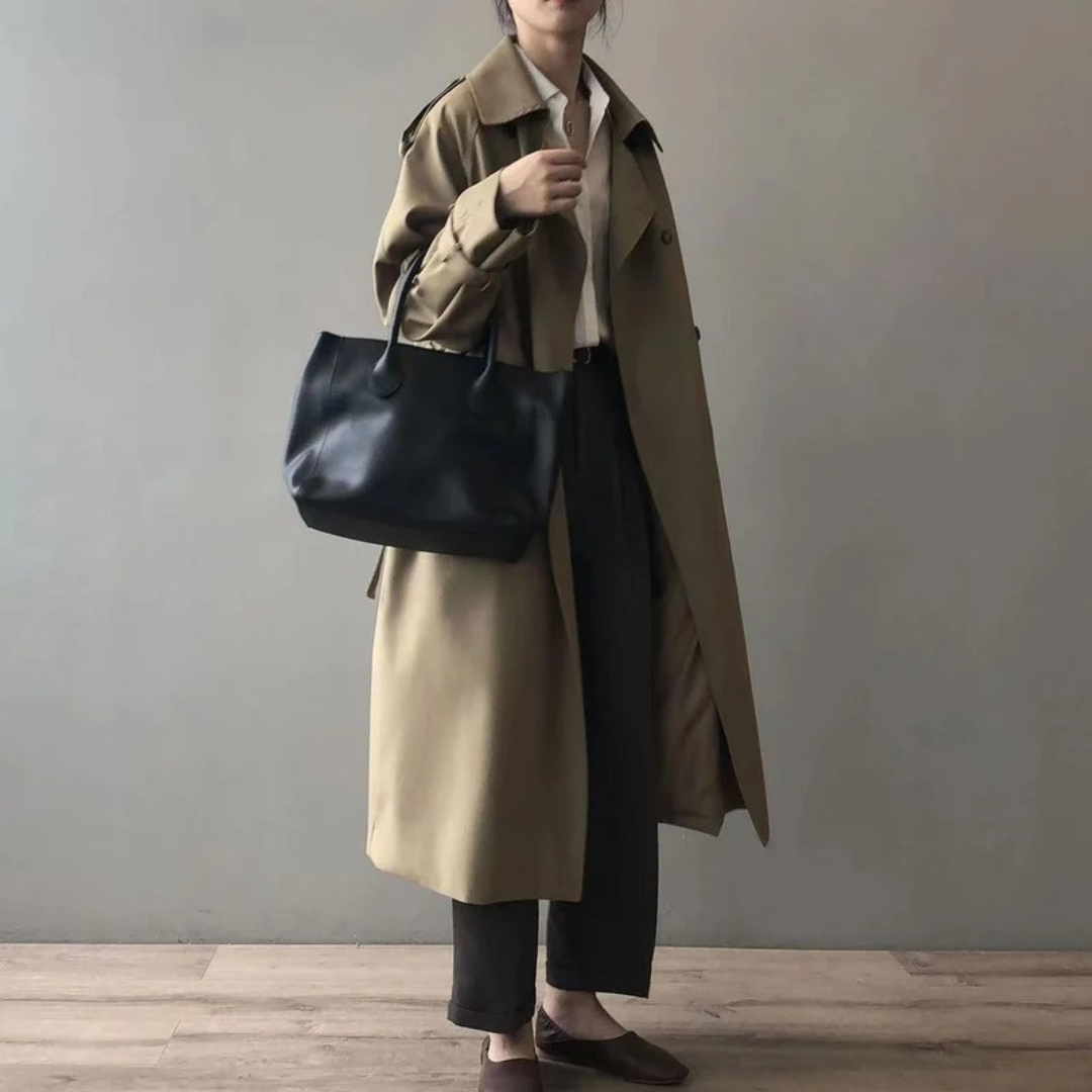 Women's Long Trench Coat with Water Repellent Fabric and Button Closure
