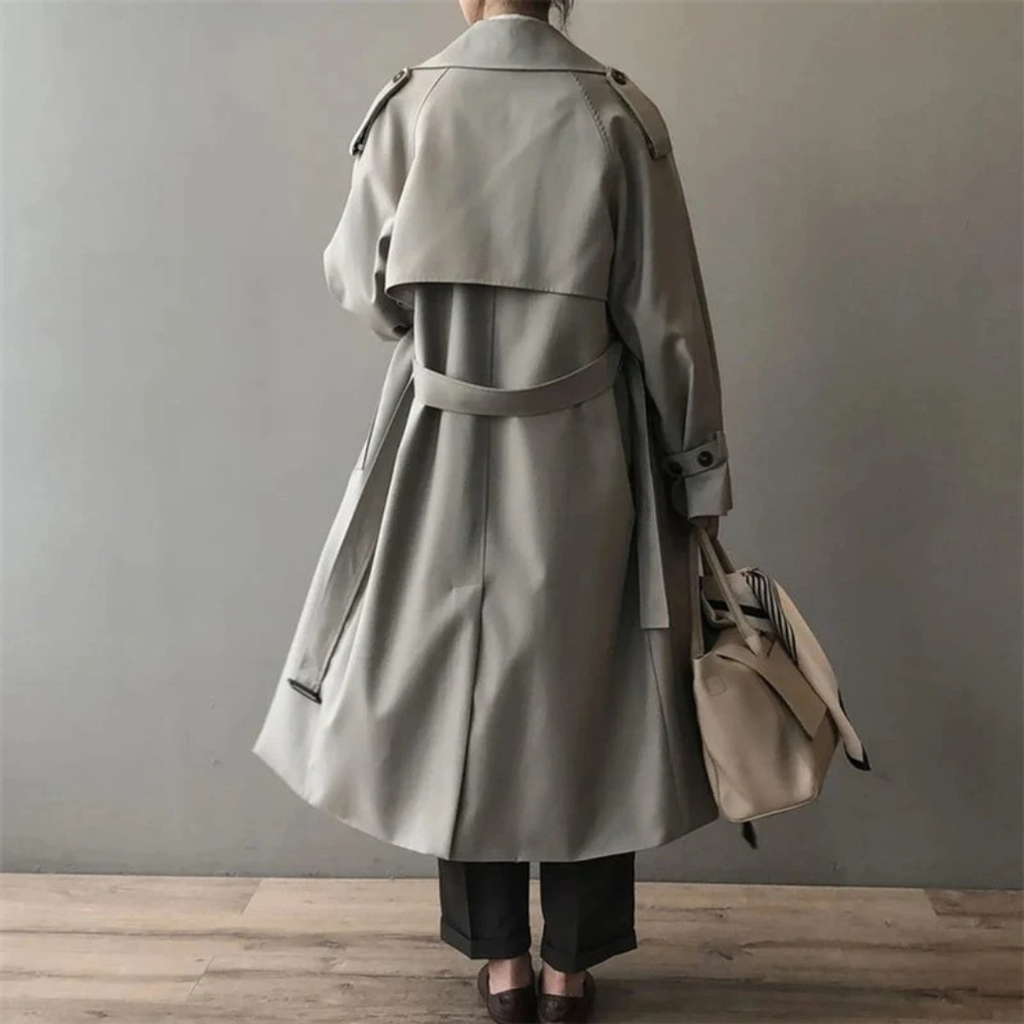 Women's Long Trench Coat with Water Repellent Fabric and Button Closure