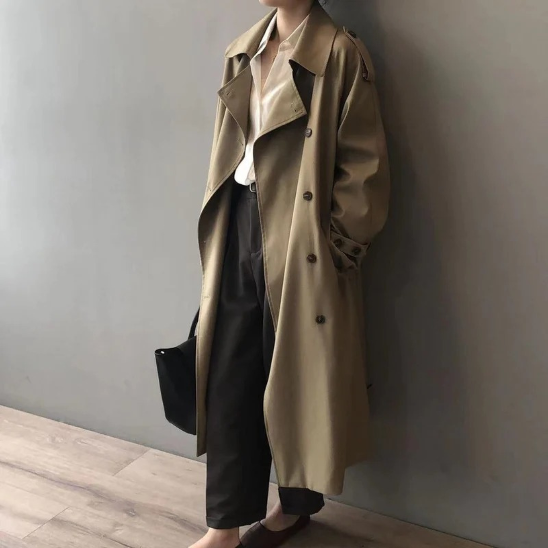 Women's Long Trench Coat with Water Repellent Fabric and Button Closure