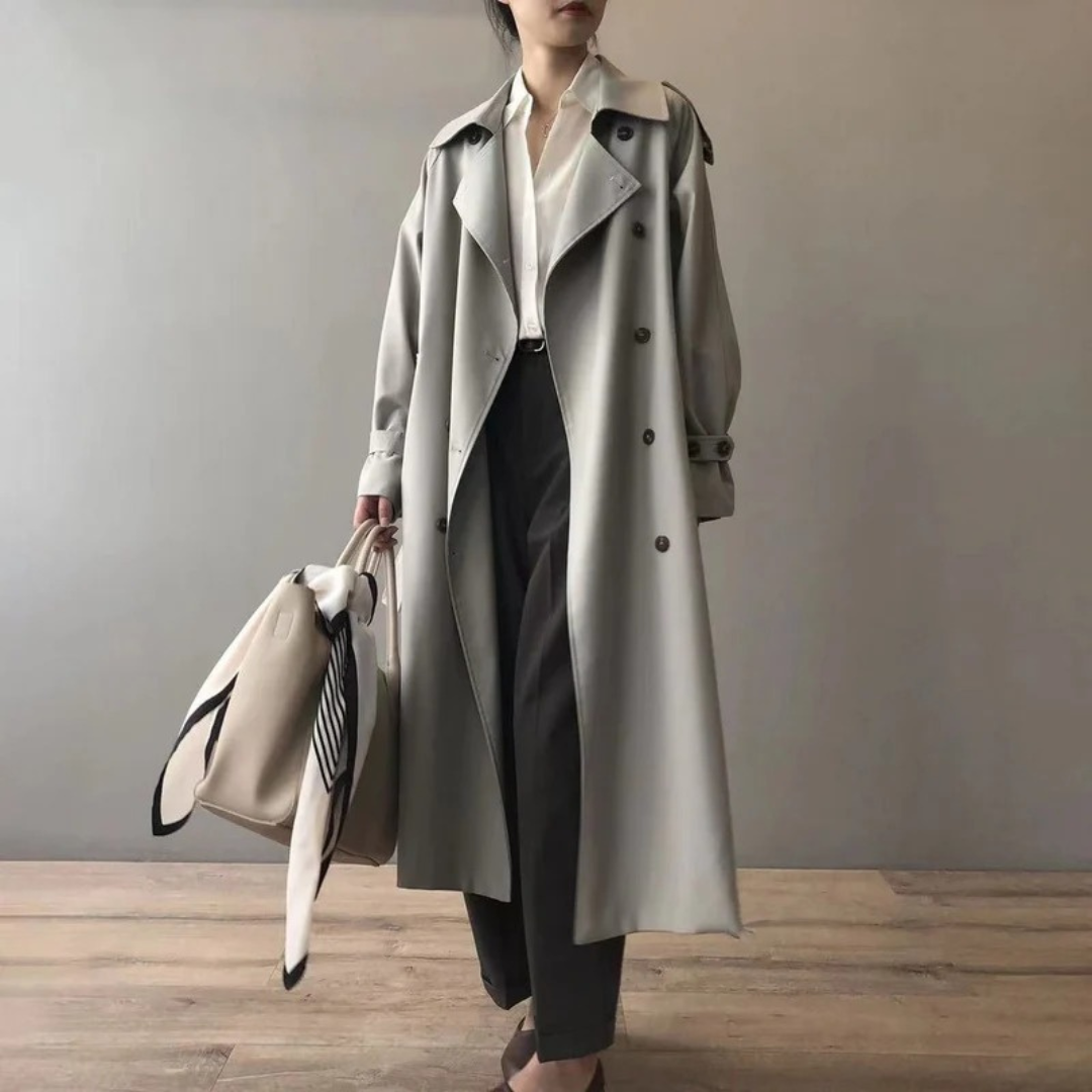 Women's Long Trench Coat with Water Repellent Fabric and Button Closure