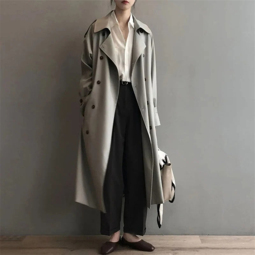 Women's Long Trench Coat with Water Repellent Fabric and Button Closure