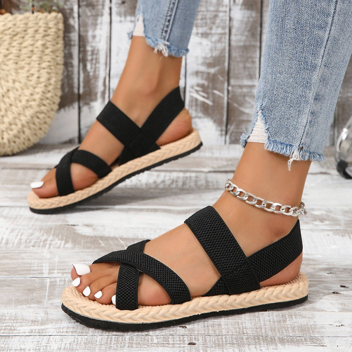 Womens Elastic Strap Sandals, Open Toe Cross Strap Flats, Casual Summer Beach Walking Shoes