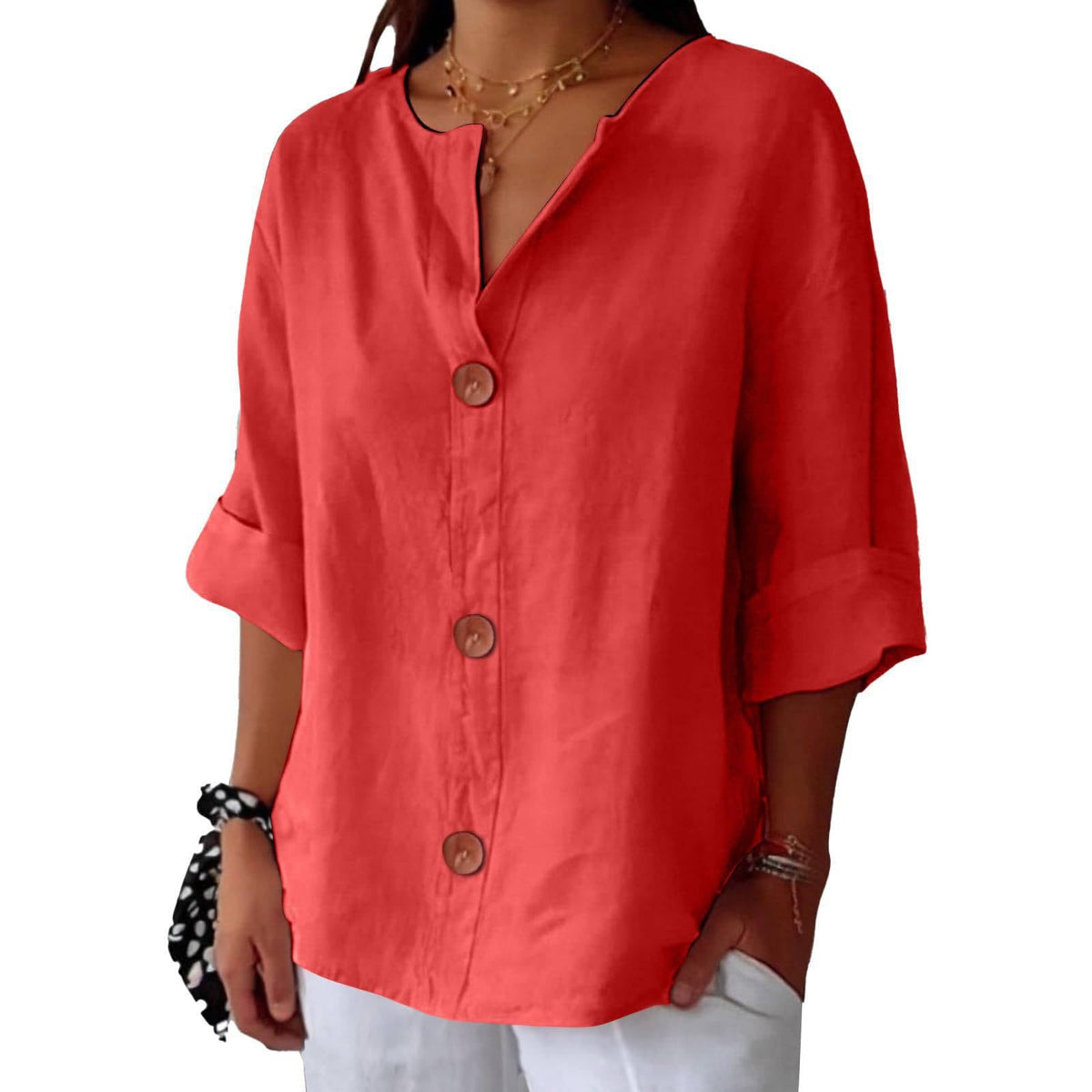 Womens Casual Blouse, Short Sleeve V Neck Top, Lightweight Button Front Summer Shirt