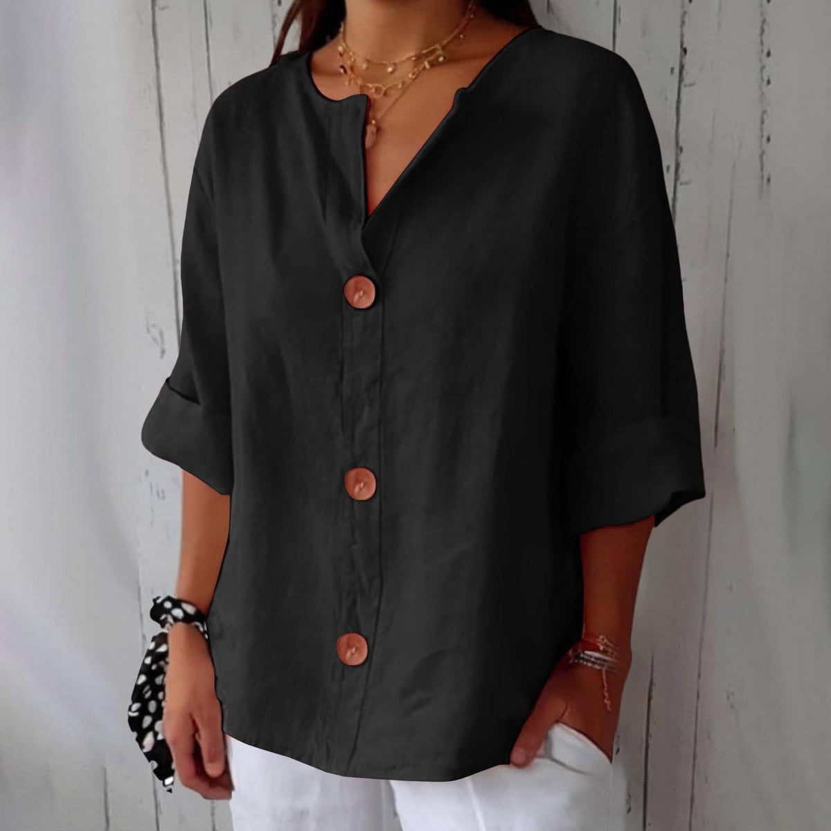 Womens Casual Blouse, Short Sleeve V Neck Top, Lightweight Button Front Summer Shirt