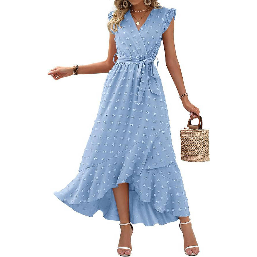Womens Boho Maxi Dress, Swiss Dot Cap Sleeve Beach Wedding and Cocktail Dress