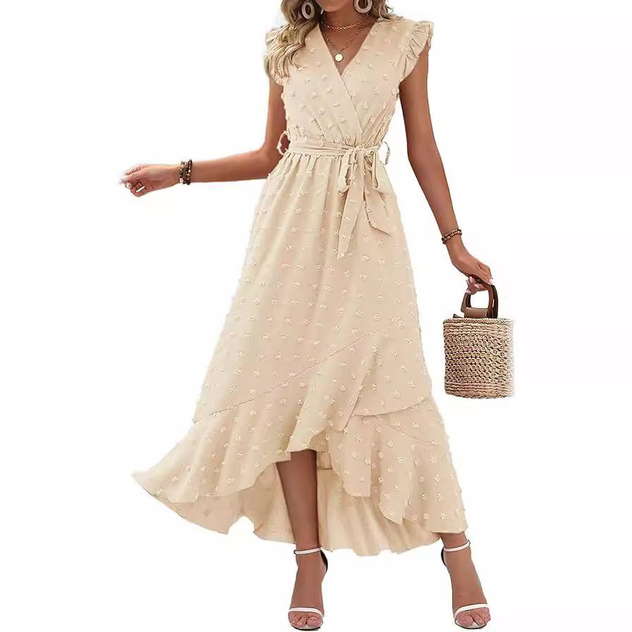 Womens Boho Maxi Dress, Swiss Dot Cap Sleeve Beach Wedding and Cocktail Dress