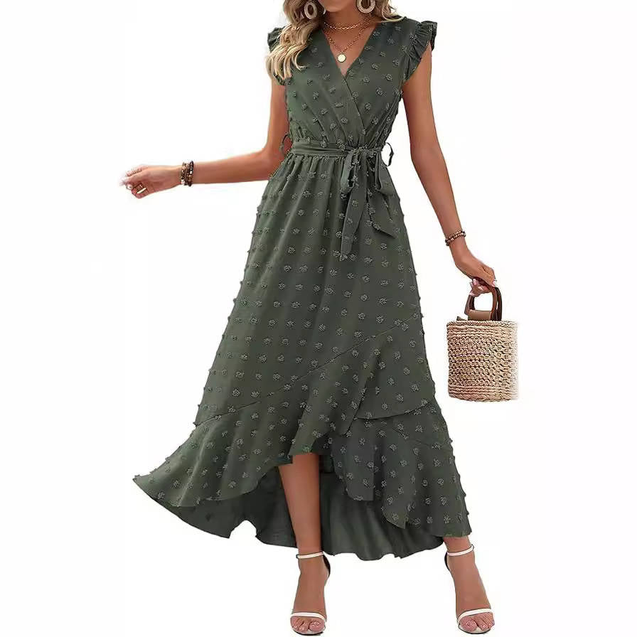 Womens Boho Maxi Dress, Swiss Dot Cap Sleeve Beach Wedding and Cocktail Dress