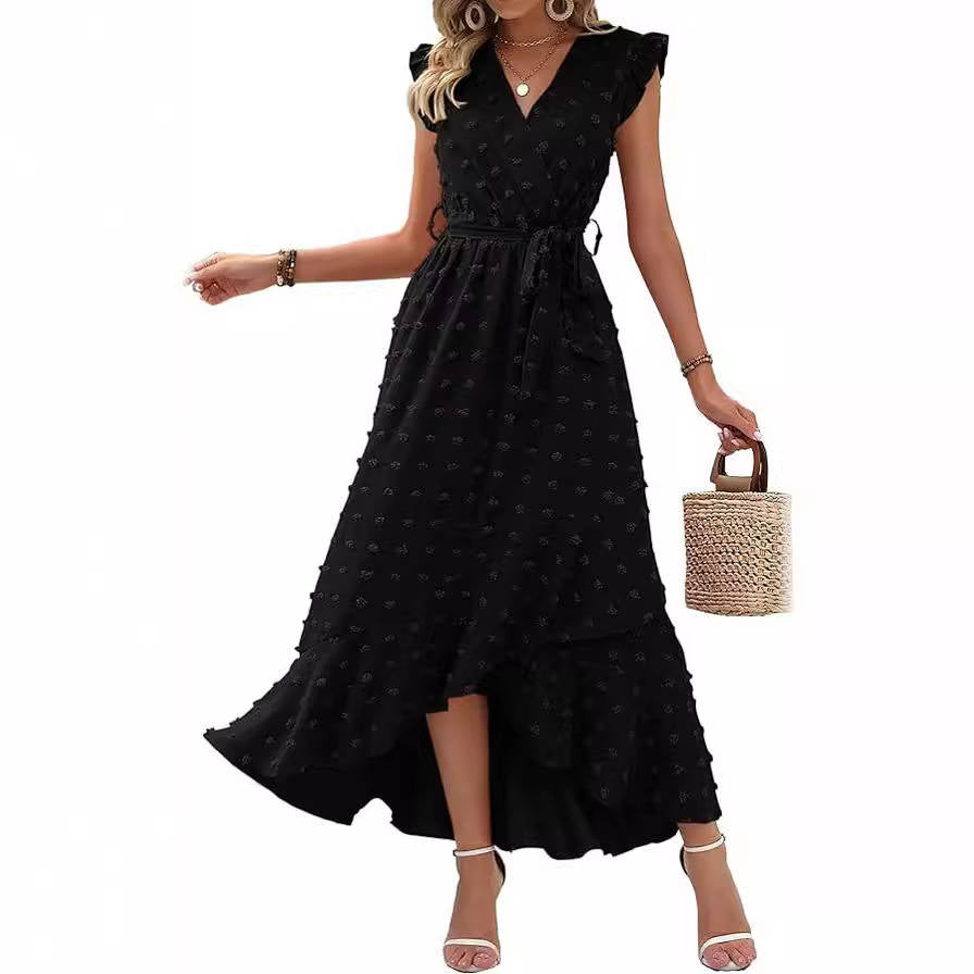 Womens Boho Maxi Dress, Swiss Dot Cap Sleeve Beach Wedding and Cocktail Dress
