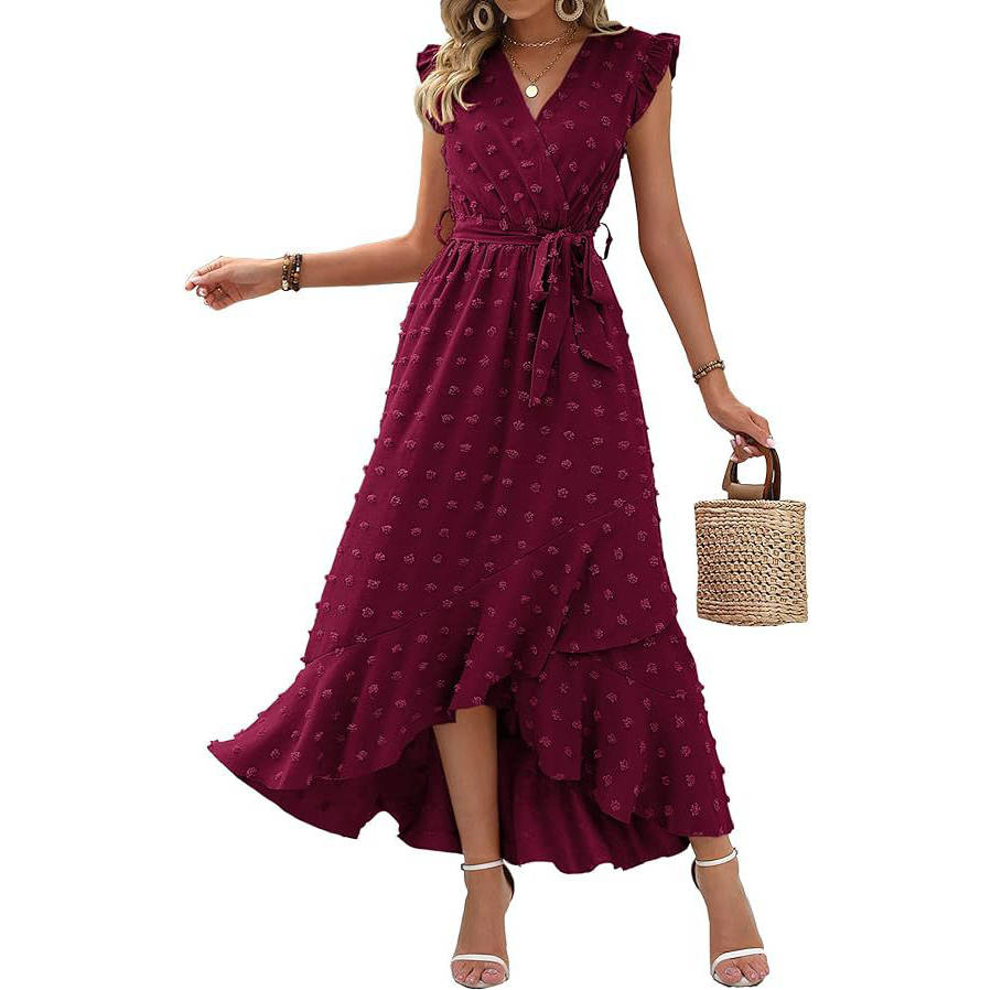 Womens Boho Maxi Dress, Swiss Dot Cap Sleeve Beach Wedding and Cocktail Dress