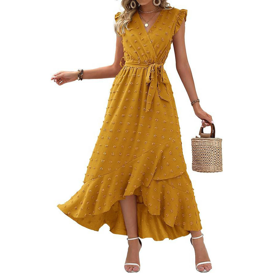 Womens Boho Maxi Dress, Swiss Dot Cap Sleeve Beach Wedding and Cocktail Dress