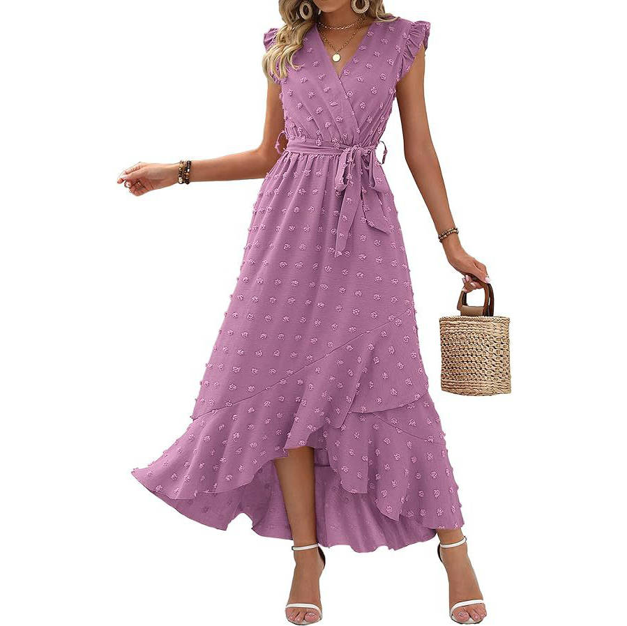 Womens Boho Maxi Dress, Swiss Dot Cap Sleeve Beach Wedding and Cocktail Dress