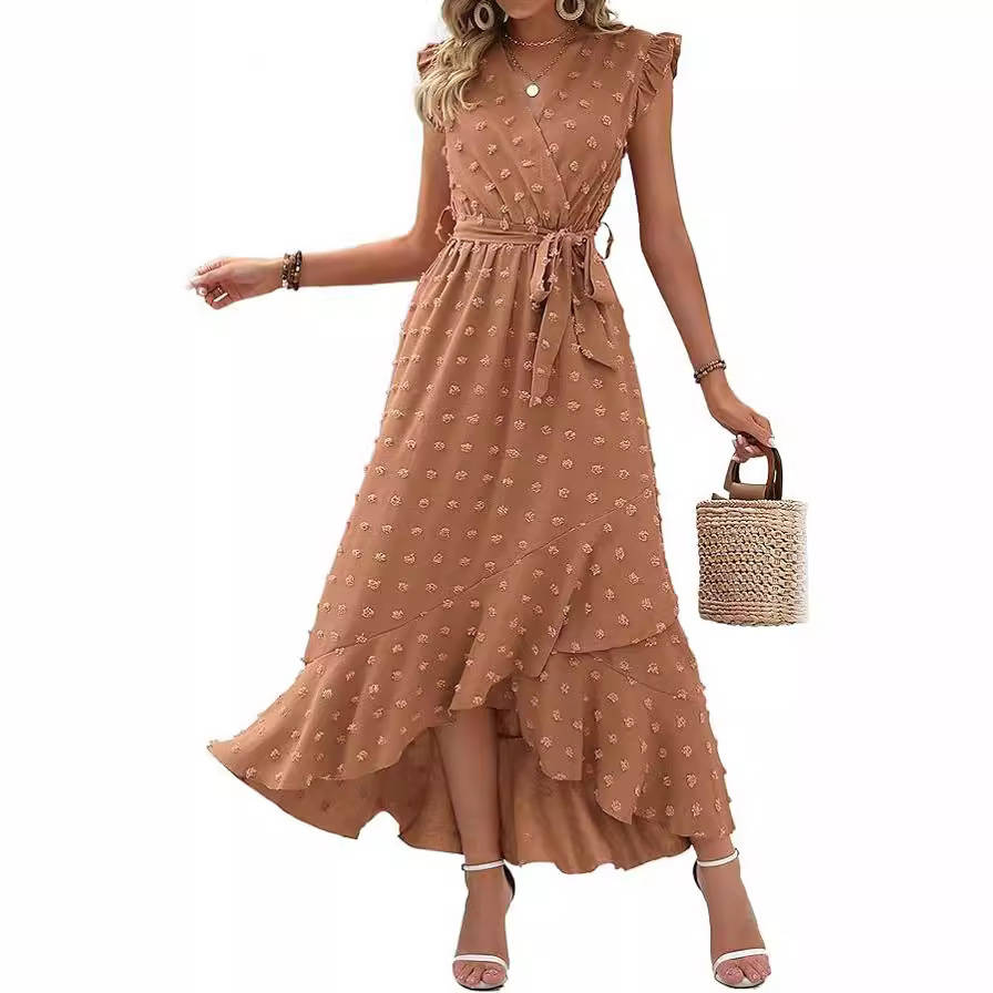 Womens Boho Maxi Dress, Swiss Dot Cap Sleeve Beach Wedding and Cocktail Dress