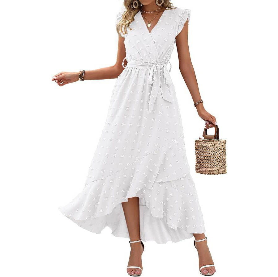 Womens Boho Maxi Dress, Swiss Dot Cap Sleeve Beach Wedding and Cocktail Dress