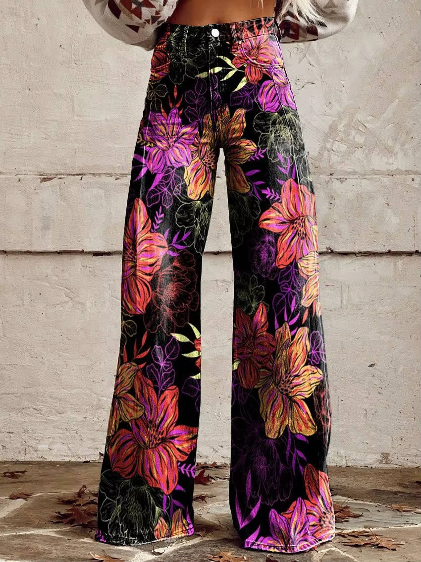 High Waisted Bell Bottom Pants with Floral Print and Stretch Fabric